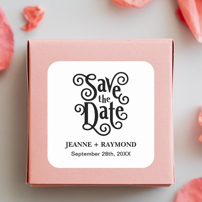 Romantic Calligraphy Wedding Save the Date Square Sticker (Romantic calligraphy sticker adds elegant charm to wedding save the date announcements.)