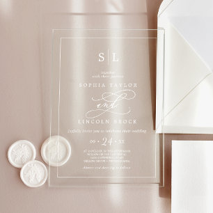 Romantic Calligraphy White Boho Monogram Wedding Acrylic Invitations