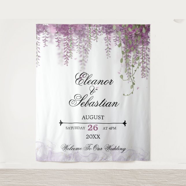 Romantic Calligraphy Wisteria Purple Wedding Tapestry (Front)