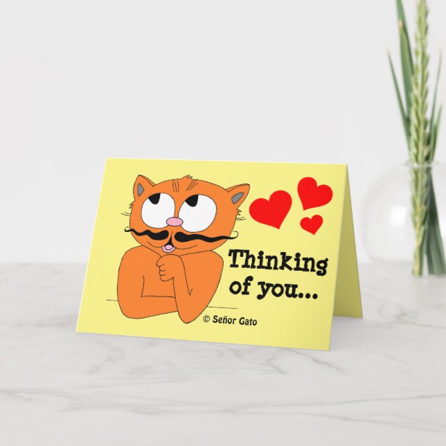 Romantic Card "Thinking of You" Cartoon MustachCat (Front)