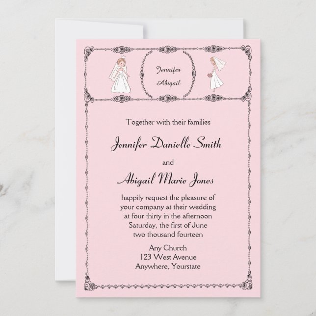 Romantic Cartoon Brides Blush Wedding Invitation (Front)