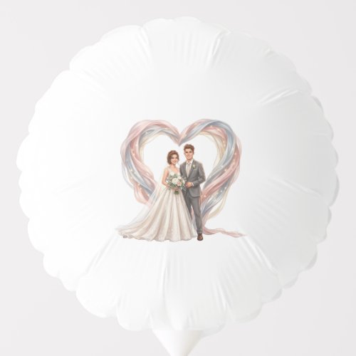 Romantic Cartoon Wedding Couple with Heart Shaped Balloon