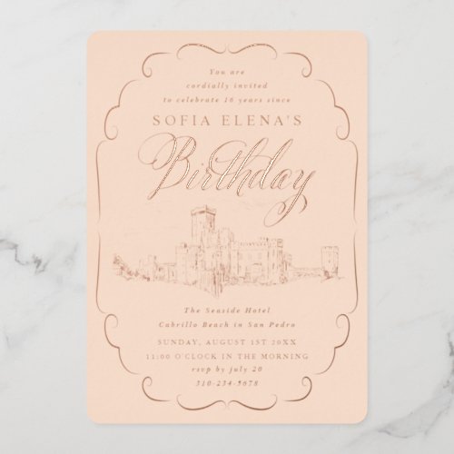 Romantic Castle Fantasy Birthday Rose Gold Foil Invitation