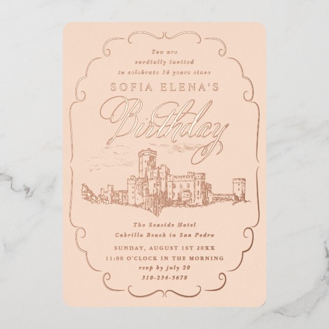 Romantic Castle Fantasy Birthday Rose Gold Foil Invitation (Front)