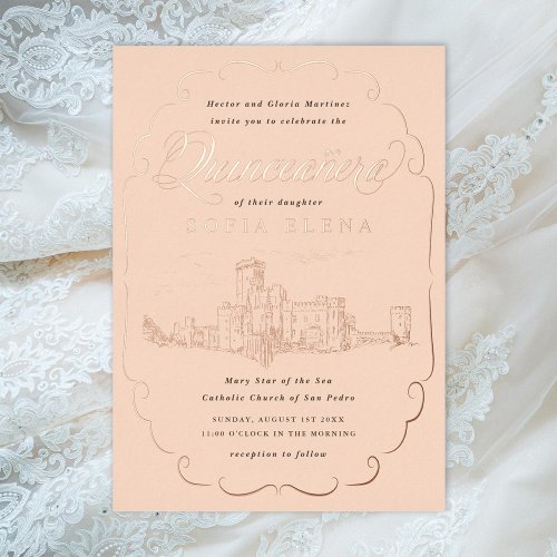 Romantic Castle Fantasy Quinceaera Gold Foil Invitation