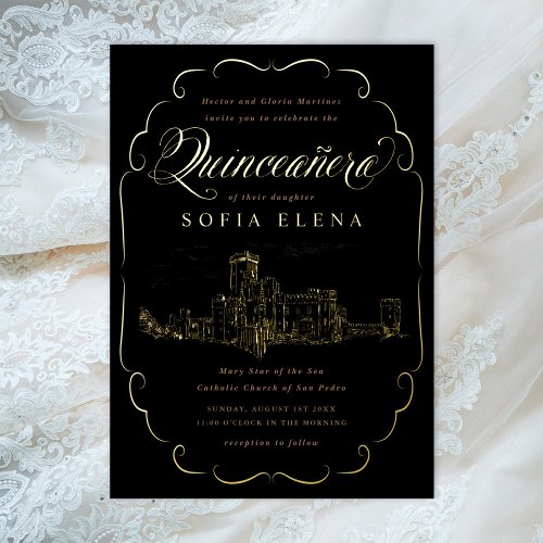 Romantic Castle Fantasy Quinceaera Gold Foil Invitation