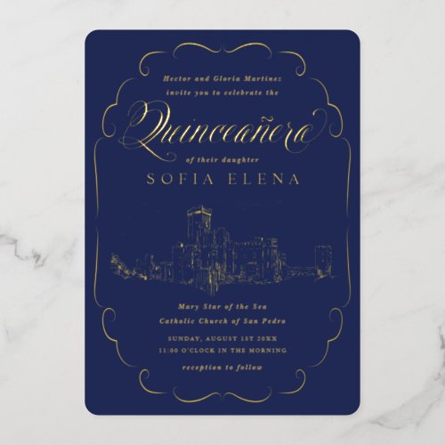 Romantic Castle Fantasy Quinceaera Navy Gold Foil Invitation
