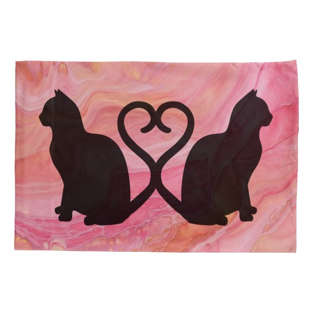 Romantic Cat Couple Silhouette on Pink Pillow Case (Back)