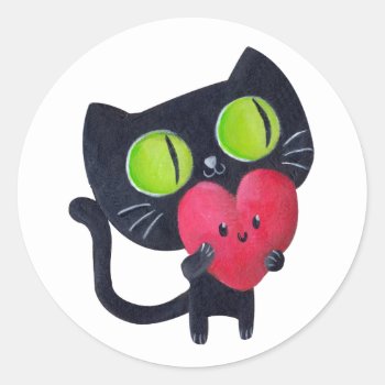 Romantic Cat Hugging Red Cute Heart Classic Round Sticker by colonelle at Zazzle