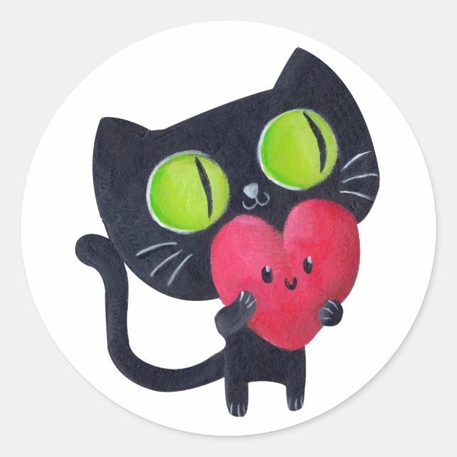 Romantic Cat hugging Red Cute Heart Classic Round Sticker (Front)