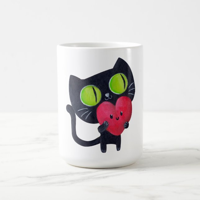 Romantic Cat hugging Red Cute Heart Coffee Mug (Center)