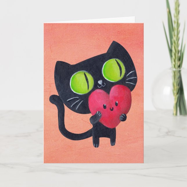 Romantic Cat hugging Red Cute Heart Holiday Card (Front)