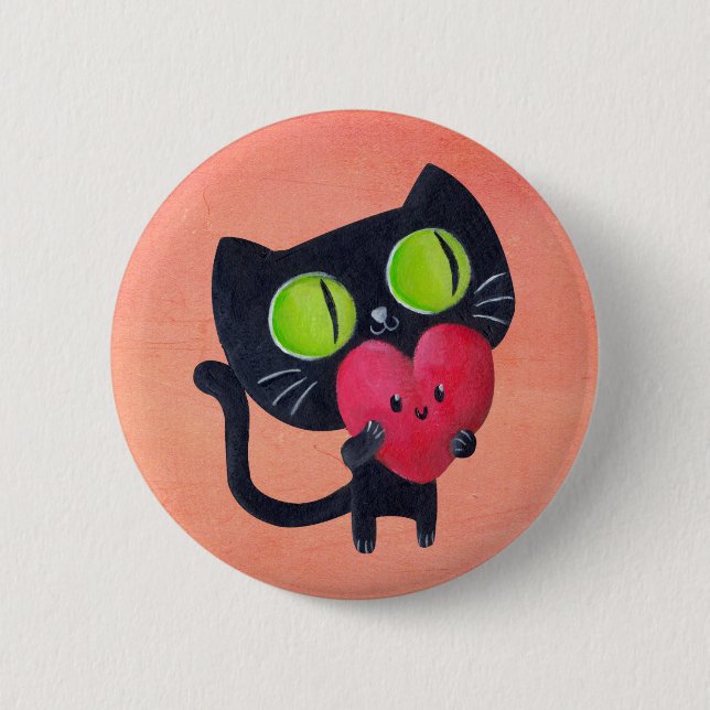 Romantic Cat hugging Red Cute Heart Pinback Button (Front)