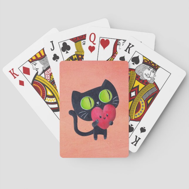 Romantic Cat hugging Red Cute Heart Poker Cards (Back)