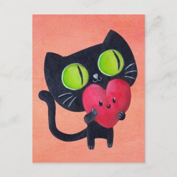 Romantic Cat Hugging Red Cute Heart Postcard by colonelle at Zazzle