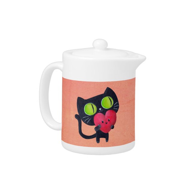 Romantic Cat hugging Red Cute Heart Teapot (Left)