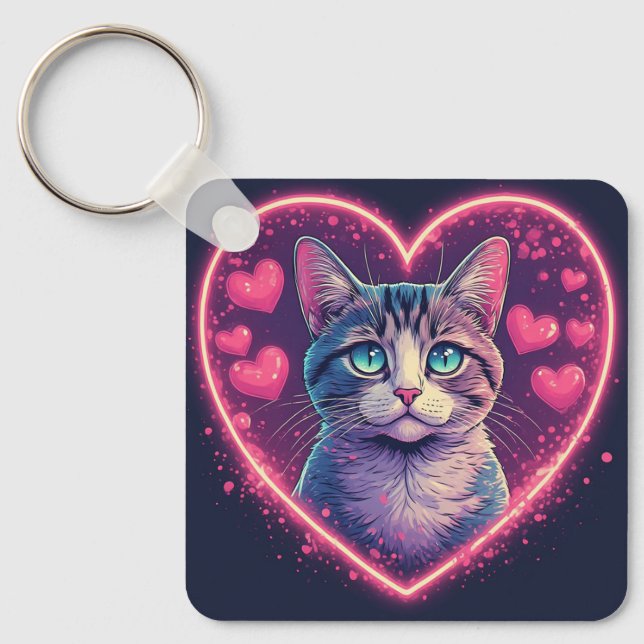 Romantic Cat Lover Gift | Aesthetic Neon Animal Keychain (Front)