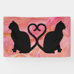 Romantic Cat Silhouette Heart on Pink Marbling Banner