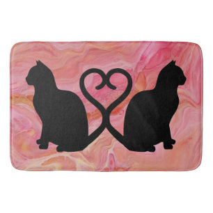 Romantic Cat Silhouette Heart on Pink Marbling Bath Mat