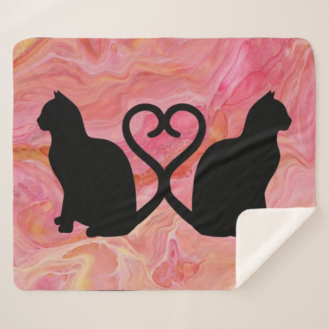Romantic Cat Silhouette Heart on Pink Marbling Sherpa Blanket (Front (Horizontal))
