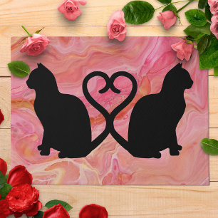 Romantic Cat Silhouette Heart with Pink Marble Doormat