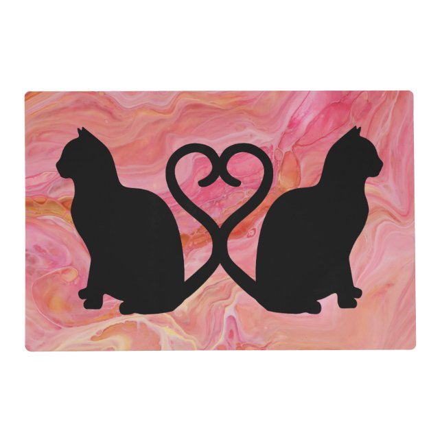 Romantic Cat Silhouette Heart with Pink Marble Placemat (Front)