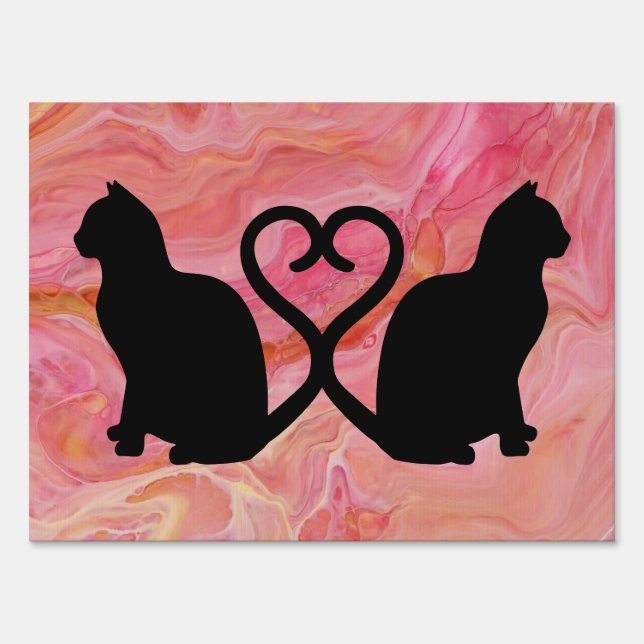 Romantic Cat Silhouette Hearts on Pink Marbling Sign (Front)