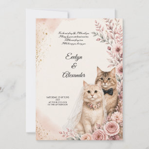 Romantic Cat Wedding Pink Roses Watercolor Wedding Invitation
