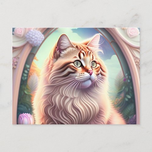 Romantic cat with flowers postcard