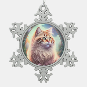 Romantic Cat with Flowers Snowflake Pewter Christmas Ornament