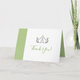 Romantic Cats In Love Green Heart Gingham Wedding Letterpress Thank You Card