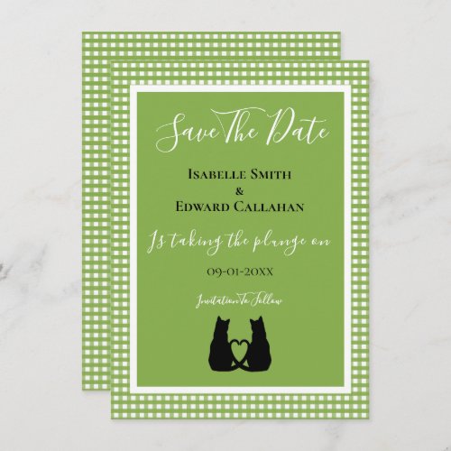 Romantic Cats In Love Green White Black Wedding Save The Date