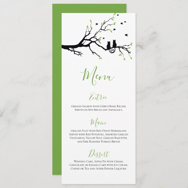 Romantic Cats In Love Green & White Reception Menu (Front/Back)