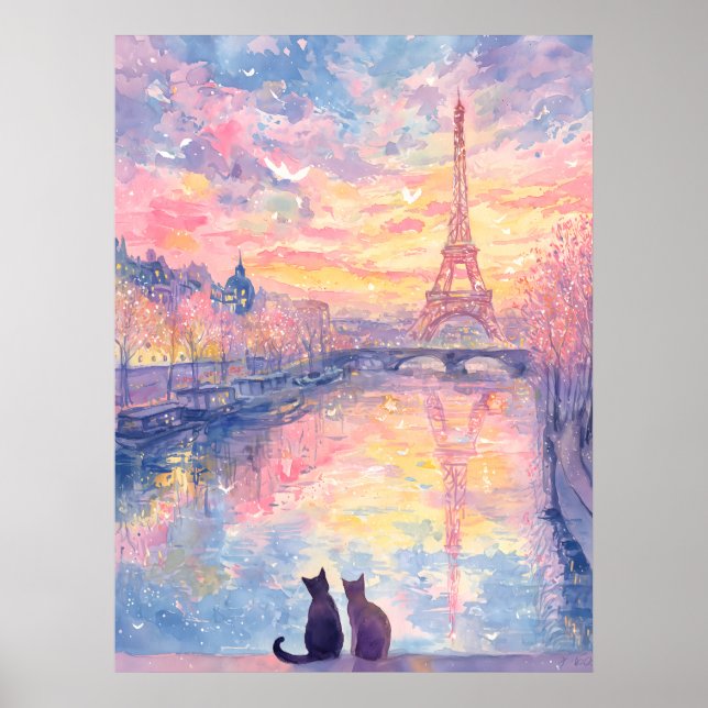Romantic Cats in Paris Sunset – Watercolor Style Poster (Front)