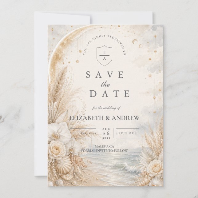 Romantic Celestial Beach Wedding Save The Date (Front)