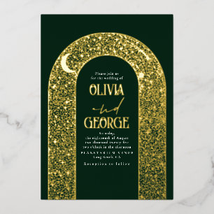 Romantic Celestial Wedding Emerald Green & Gold Foil Invitation