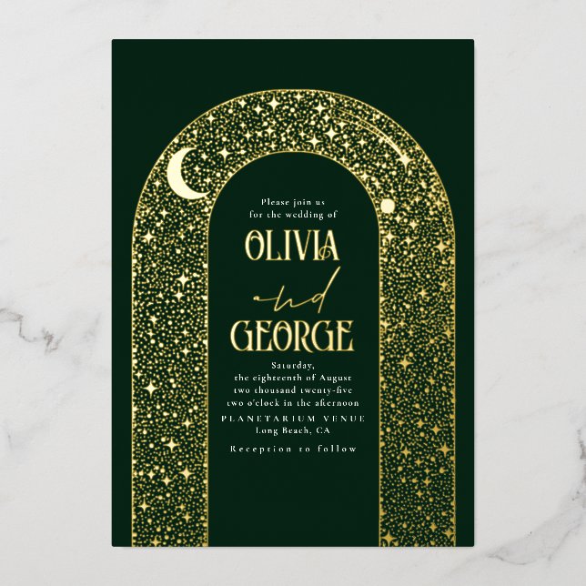 Romantic Celestial Wedding Emerald Green & Gold Foil Invitation (Front)