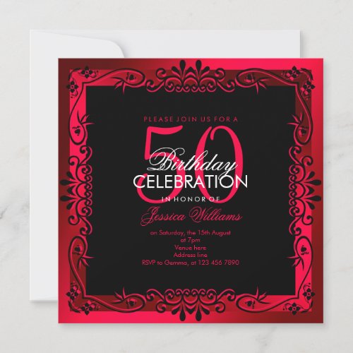 Romantic Cerise Decorative Framed 50th Birthday Invitation
