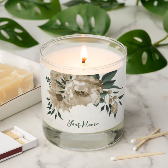 romantic champagne flowers & green leaves scented candle (Lit)