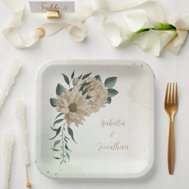 romantic champagne flowers greenery wedding paper plates (Wedding)