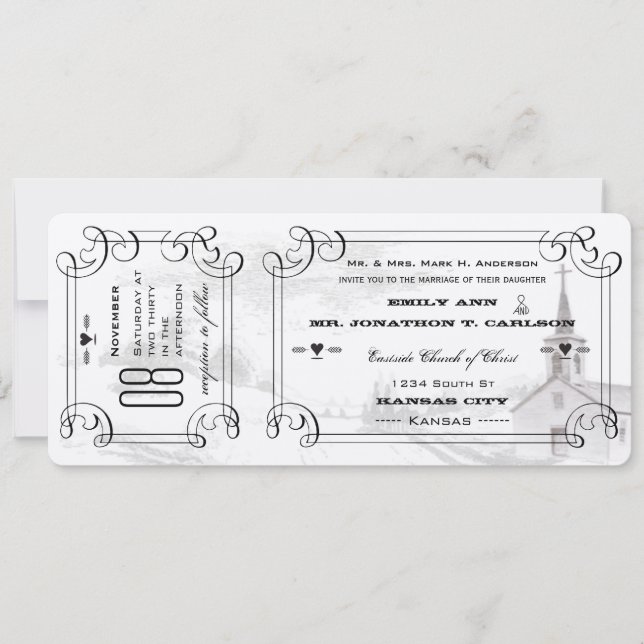 Romantic Chapel Country Road Ticket Wedding Invitation (Front)