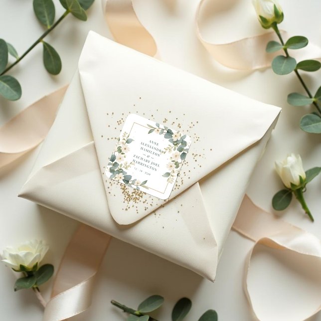 Romantic Charming Flowers & Branches Frame Wedding Square Sticker (Romantic Delicate Floral and Branch Frame Wedding Square Stickers.)