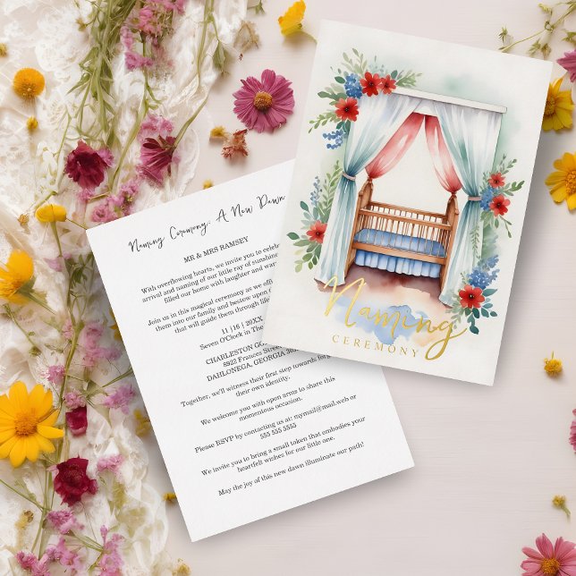 Romantic  Cheerful Crib Naming Ceremony Gold  Foil Invitation (Romantic Floral Cheerful Crib Naming Ceremony Gold Metallic Foil Invitation Card.)