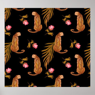 Romantic cheetahs: watercolor seamless pattern. poster