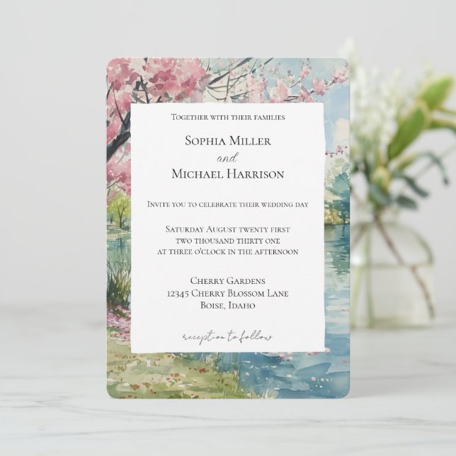 Romantic Cherry Blossom Floral Lake Wedding Invitation (Standing Front)