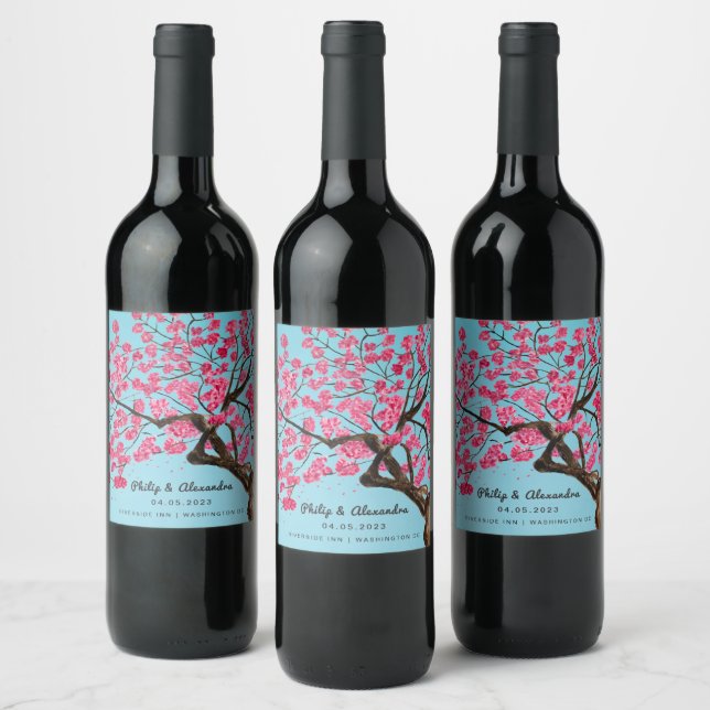 Romantic Cherry Blossoms Wine Label (Bottles)