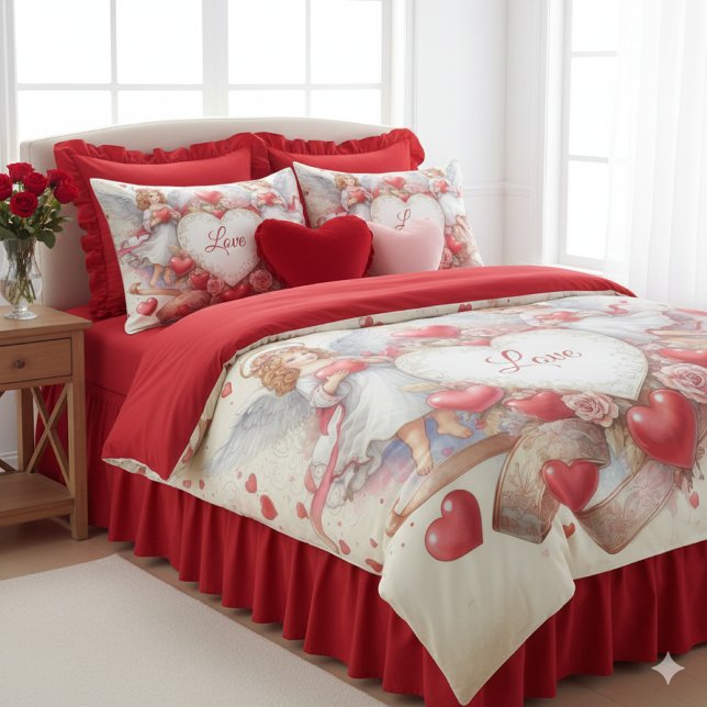 Romantic Cherub Angels and Red Hearts  Duvet Cover (romantic lifestyle mockup, styled for a Valentine’s Day bedroom. Queen size shown)