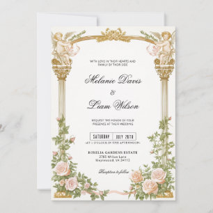 Romantic Cherub Gold Arch Floral Wedding  Invitation