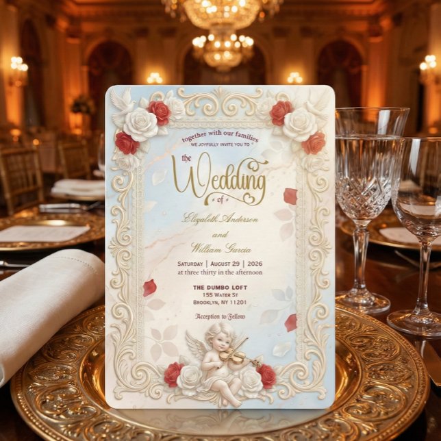 Romantic Cherub Violin & Doves Fairytale Wedding   Invitation (Creator Uploaded)