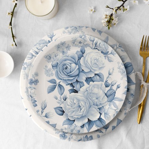 Romantic Chic Antique Dusty Blue Roses Paper Plates